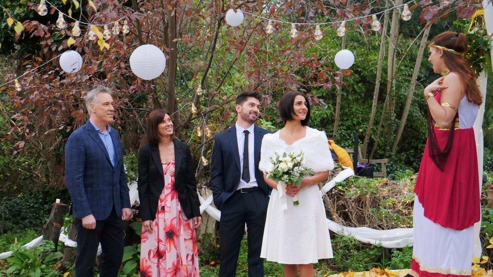 Michael McGarry, Rosie Ferris, Patrick Clarke, Angela Peters, Josh Simpson, Sara Faraj, Allie Denison in a wedding scene from Only Love Matters