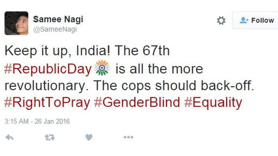 Keep it up, India! The 67th #RepublicDay is all the more revolutionary. The cops should back-off. #RightToPray #GenderBlind #Equality