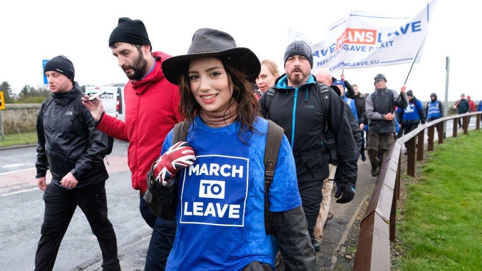 Marchers take part in the first leg of the March to Leave demonstration on March 16, 2019 in Sunderland, England. The first leg between Sunderland and Hartlepool marks the start of a 14 stage journey with those marching expecting to arrive in London on March 29, the original date for the UK to leave the European Union.