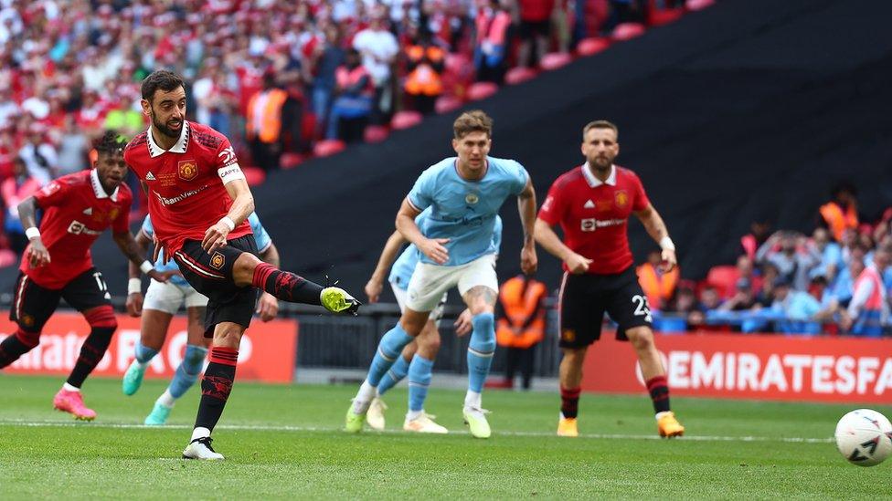 Bruno Fernandes kicking ball into goal