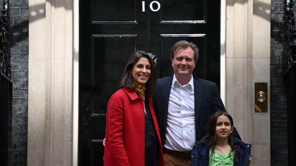 Nazanin Zaghari-Ratcliffe with her husband Richard and daughter Gabriella outside Downing Street