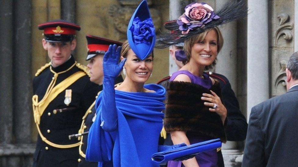Tara Palmer-Tomkinson and her sister Santa Sebag-Montefiore arriving to attend the Royal Wedding of Prince William to Catherine Middleton at Westminster Abbey on 29 April 2011