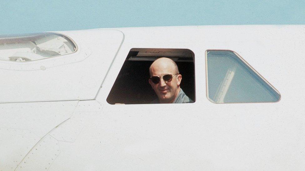 This file photo taken on June 1, 1969 during Paris" Air Show shows French test pilot Andre Turcat in the cockpit of the Concorde prototype, the Franco-British supersonic aircraft.