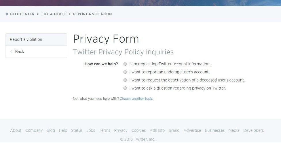 Twitter reporting form