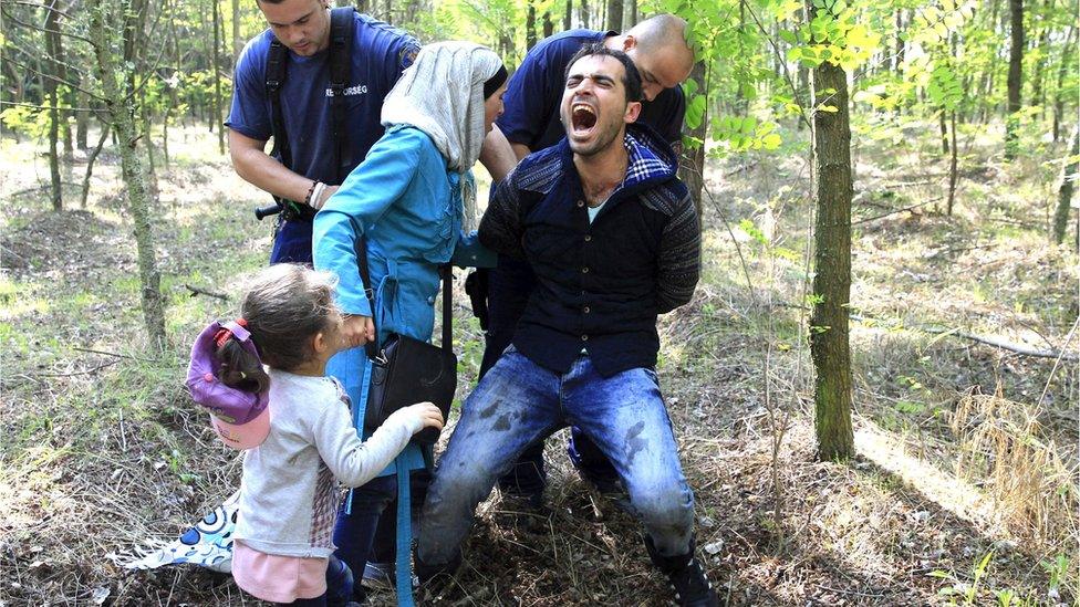 Hungarian policemen detain a Syrian migrant family after they entered Hungary at the border with Serbia, near Roszke, on 28 August, 2015