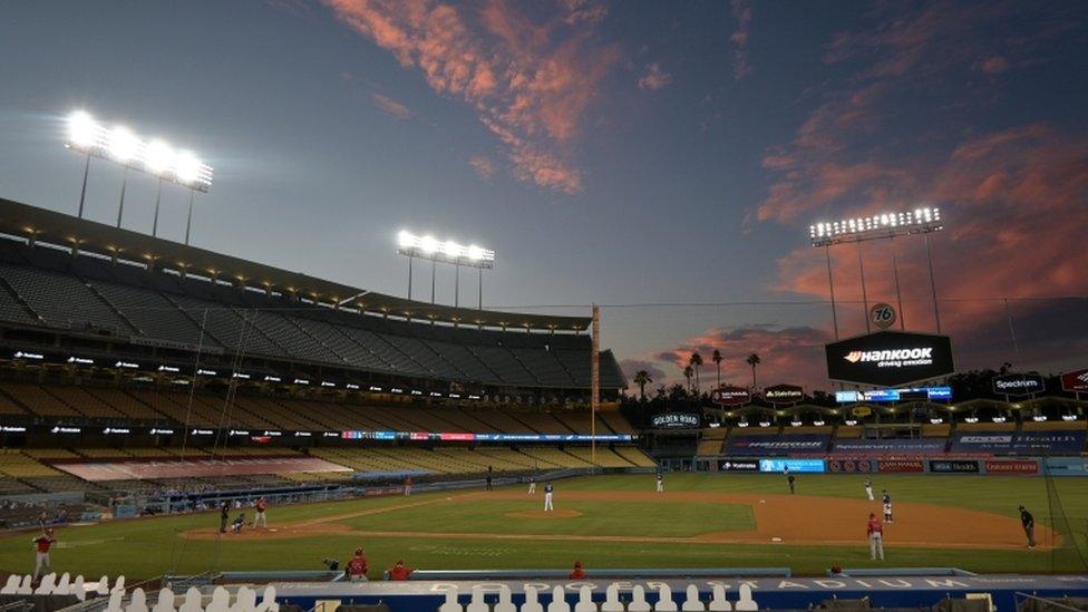 A general overall view of Dodger Stadium during a MLB exhibition game between the Los Angeles Angels and the Los Angeles Dodger