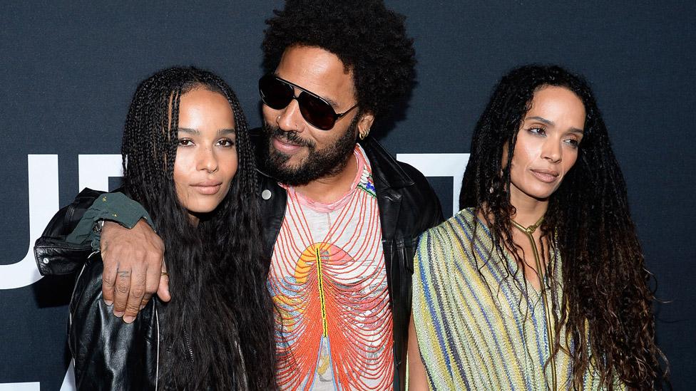 Musician Lenny Kravitz (centre) and actresses Zoe Kravitz (L) and Lisa Bonet R)