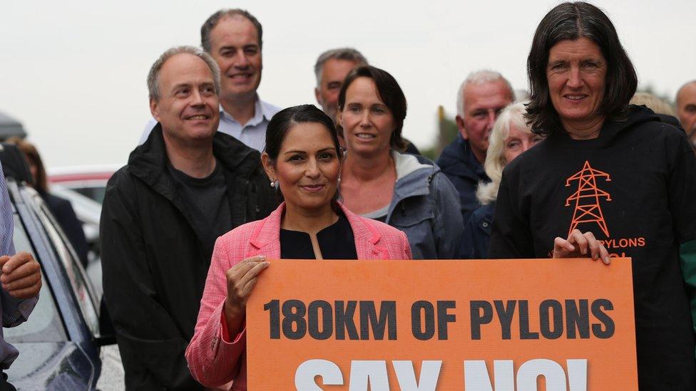 Dame Priti Patel at a protest against proposed pylons in her Essex constituency