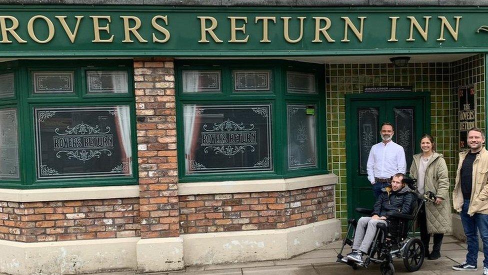 Rob and Lindsey Burrow outside the Rovers Return with Peter Ash and Dan Brocklebank