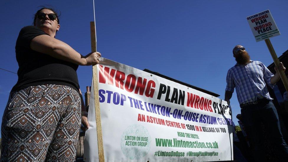 Campaigners outside Linton-on-Ouse Village Hall, North Yorkshire