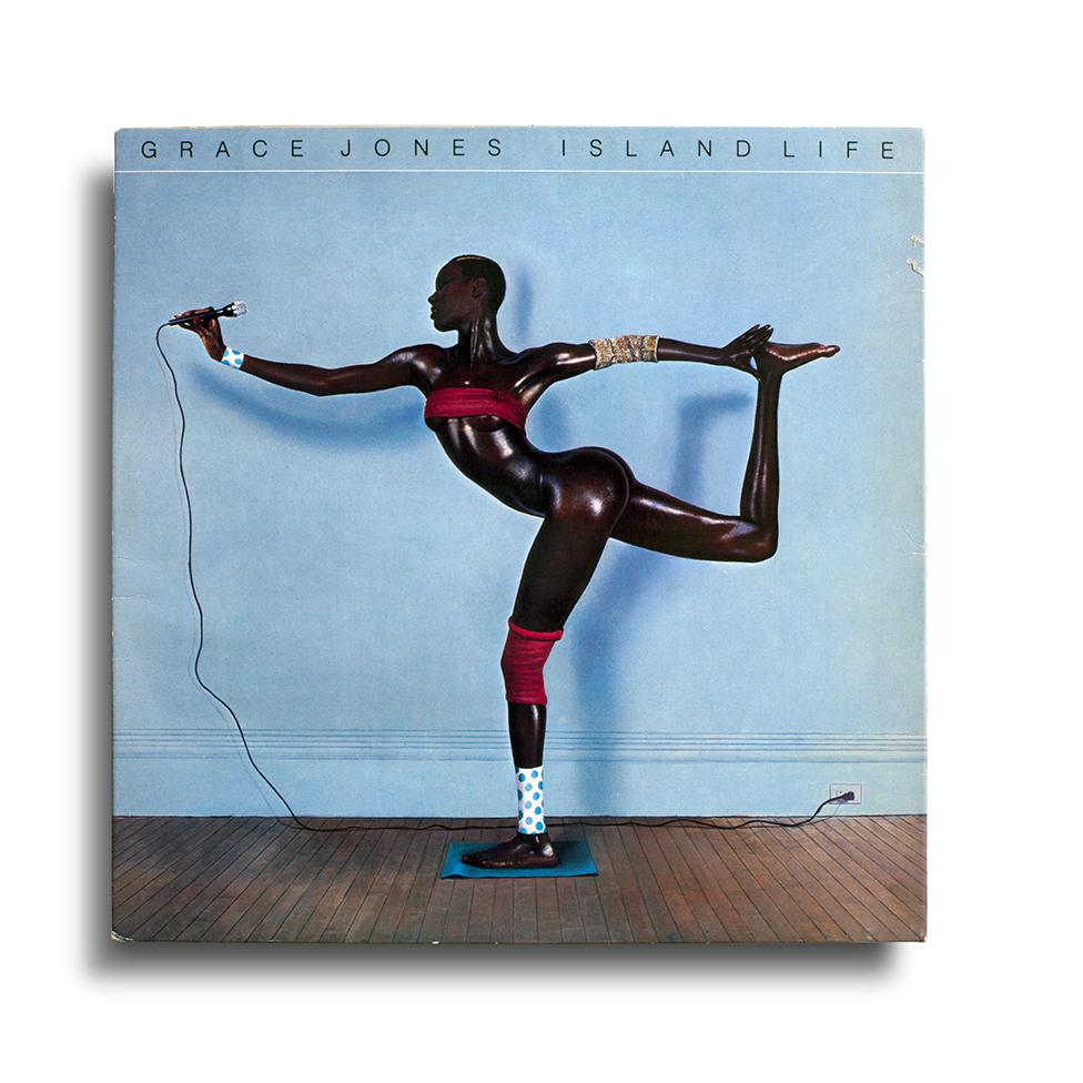 Grace Jones poses on the front of her 1985 album Island Life