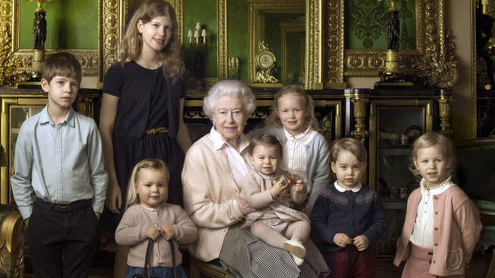 The Queen with her great-grandchildren and youngest grandchildren. From left: James, Viscount Severn; Lady Louise Windsor; Mia Tindall (holding the Queen's handbag); Princess Charlotte; Isla Phillips; Prince George and Savannah Phillips