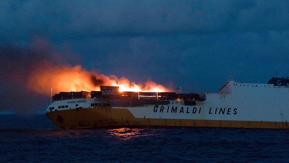 A handout picture released by the French Marine Nationale shows flames on the Italian merchant ship Grande America