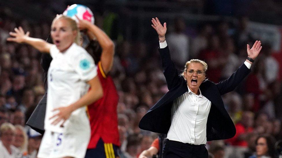 England women's manager Sarina Wiegman shouts from the sidelines during her team's game against Spain in the quarter final of the Euros 2022