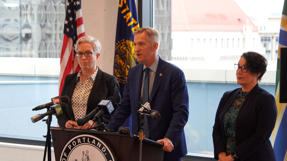 Governor Tina Kotek, Portland Mayor Ted Wheeler and Multnomah County Chair Jessica Vega Pederson announcing the plan