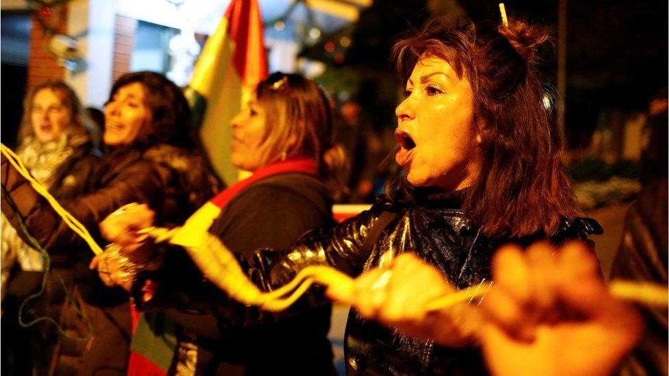 Protesters outside Urbanizacion La Rinconada, where the residence of Mexico"s ambassador is located, in La Paz, Bolivia, December 29, 2019.