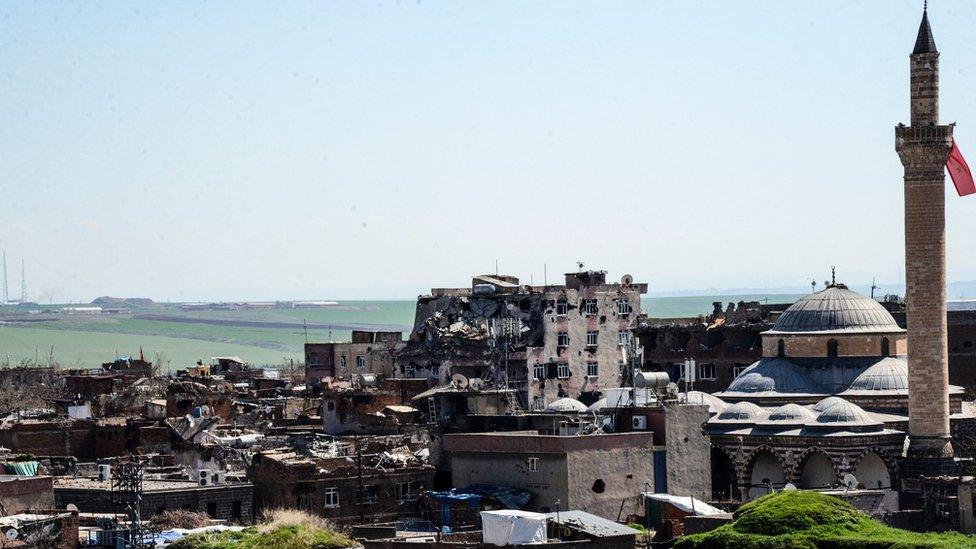 Buildings damaged in clashes in the Sur district of Diyarbakir on 13 March 2016.