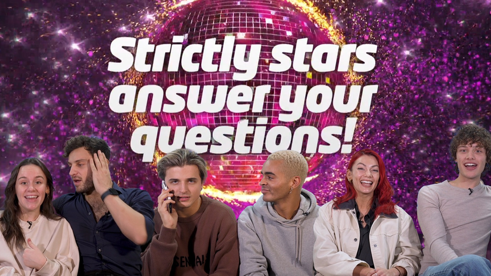 remaining strictly 2023 couples sat on couch with glitter ball above that says strictly stars answer your questions