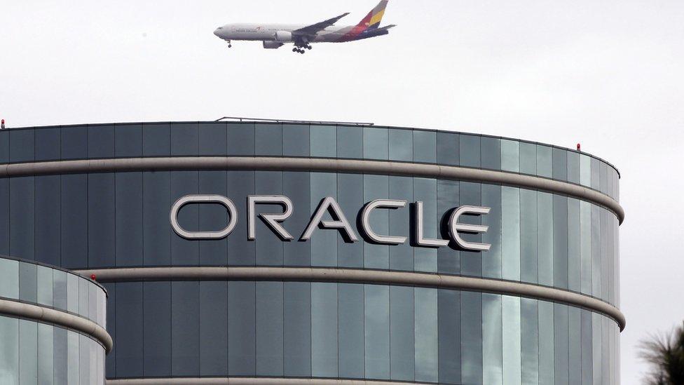 Plane flies over Oracle headquarters in Redwood City, California. 26 May 2016