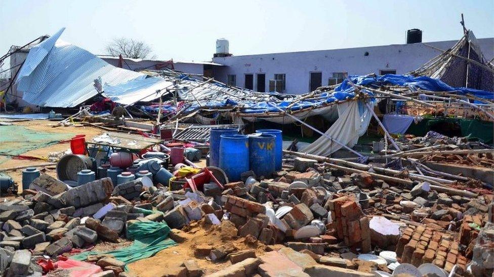 A general view of the debris of a building where at least 24 people were killed when a wall collapsed at a wedding in the Bharatpur district of Rajasthan, India, 11 May 2017.