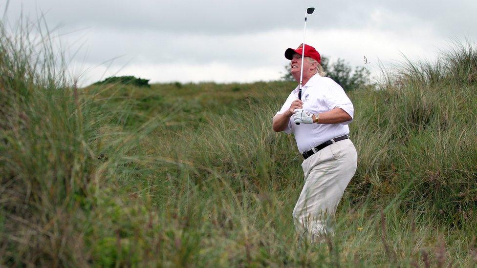 JULY 10: Donald Trump plays a round of golf after the opening of The Trump International Golf Links Course on July 10, 2012 in Balmedie, Scotland