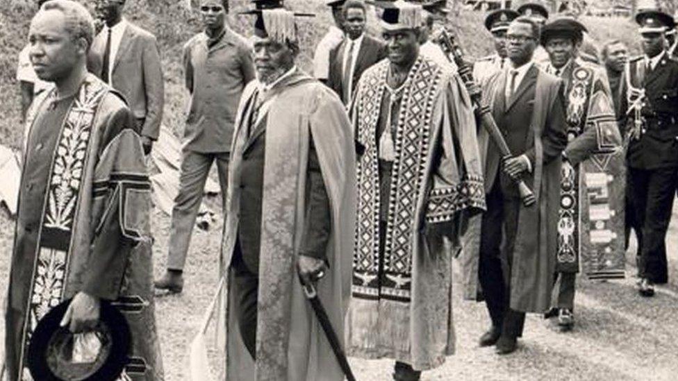 L-R: Tanzanian President Julius Nyerere, Kenyan President Jomo Kenyatta and Zambian President Kenneth Kaunda in procession followed by P Anyang' Nyong'o and Chancellor Dr Apollo Milton Obote at the inauguration of Makerere University in Kampala Uganda, 8 October 1970