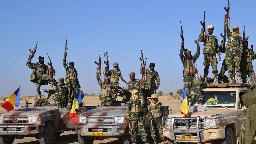 Chadian troops gather on February 1, 2015 near the Nigerian town of Gamboru, just across the border from Cameroon