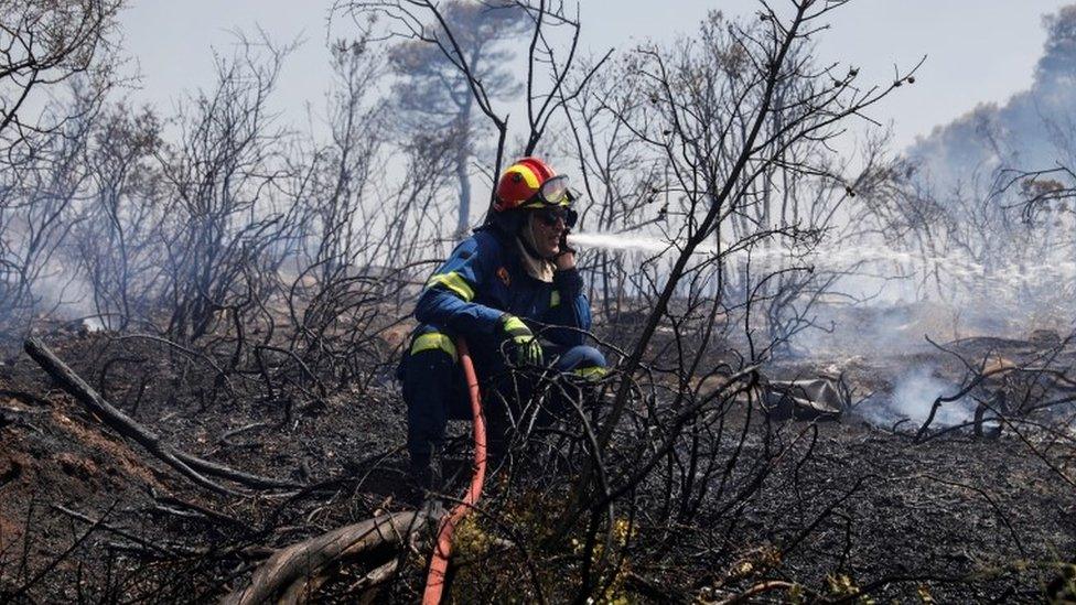 A firefighter sprays water to extinguish a wildfire near the village of Rodopol