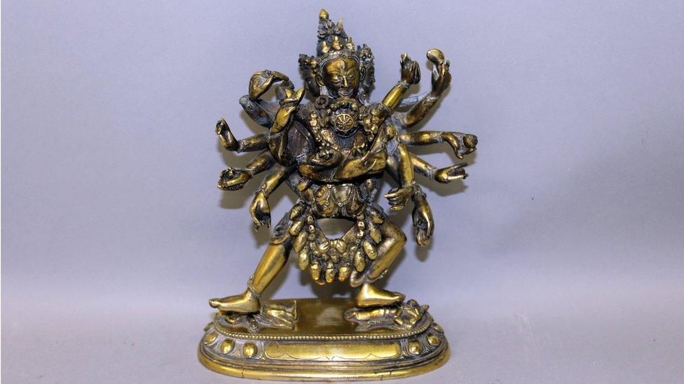 The 18th century Sino Tibetan, gilt-bronze sculpture of the multi-armed Hayagriva, a Tantric Buddhist deity.