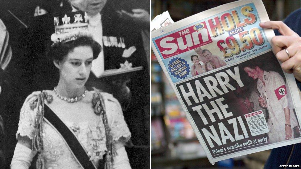 (L) Princess Margaret at her sister's coronation, where she was caught on camera with her married boyfriend; (R) Prince Harry's Nazi outfit made headlines in the UK