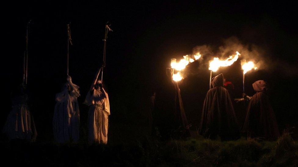 A member of the Beltane Fire Society takes part in the Samhuinn Fire Festival in Edinburgh