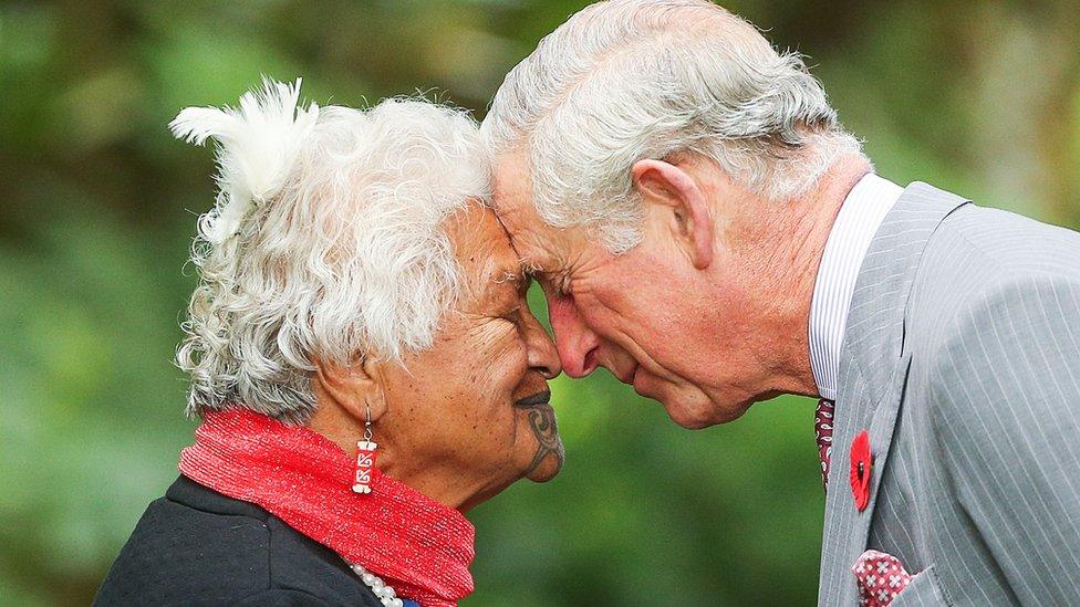 Prince of Wales is greeted with a hongi during the "Tea With Taranaki" event at Brooklands Park