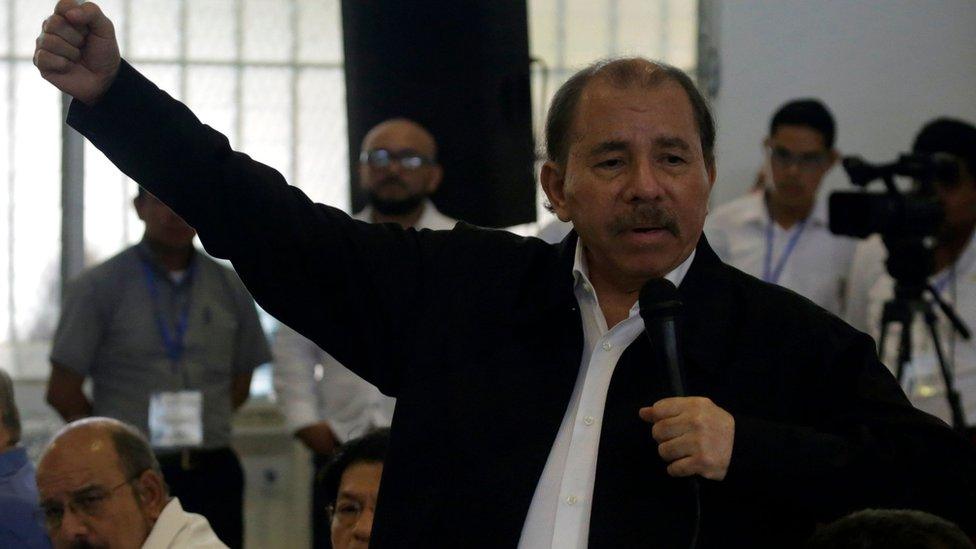 Nicaraguan President Daniel Ortega speaks during the national dialogue at the Seminary of Our Lady of Fatima, in Managua on May 16, 2018