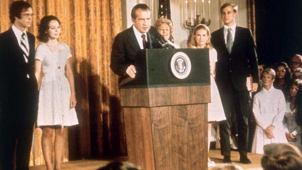 Richard Nixon at the White House with his family after his resignation as President, 9th August 1974.