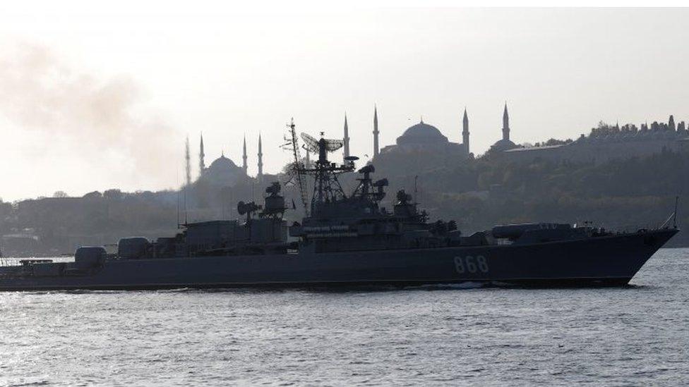 The Russian Navy's frigate Pytlivy sets sail in the Bosphorus, Turkey. Photo: November 2017