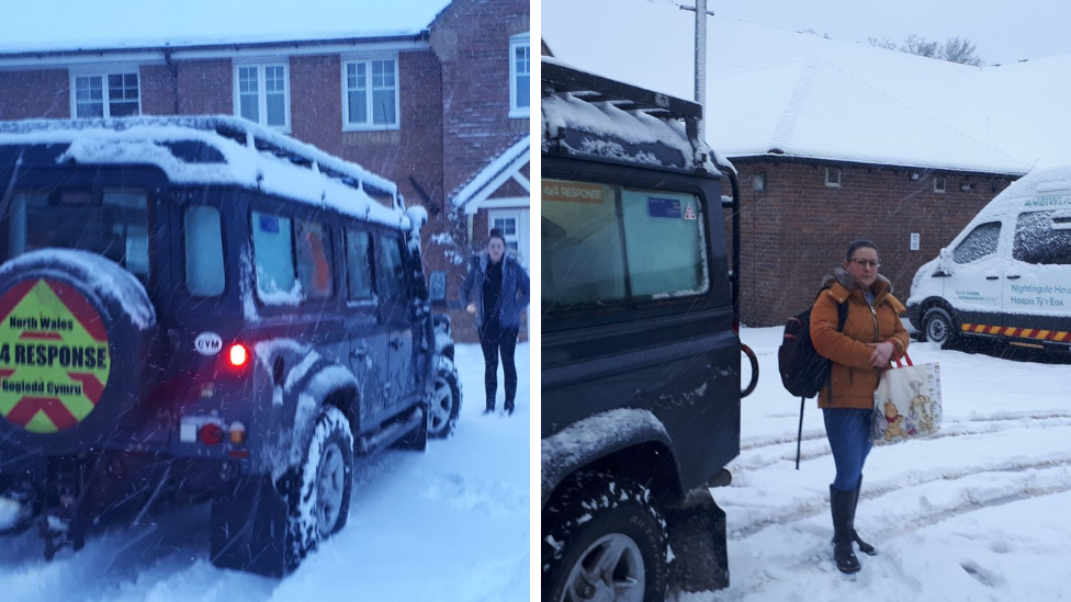 Volunteer responders and frontline workers out in the snow