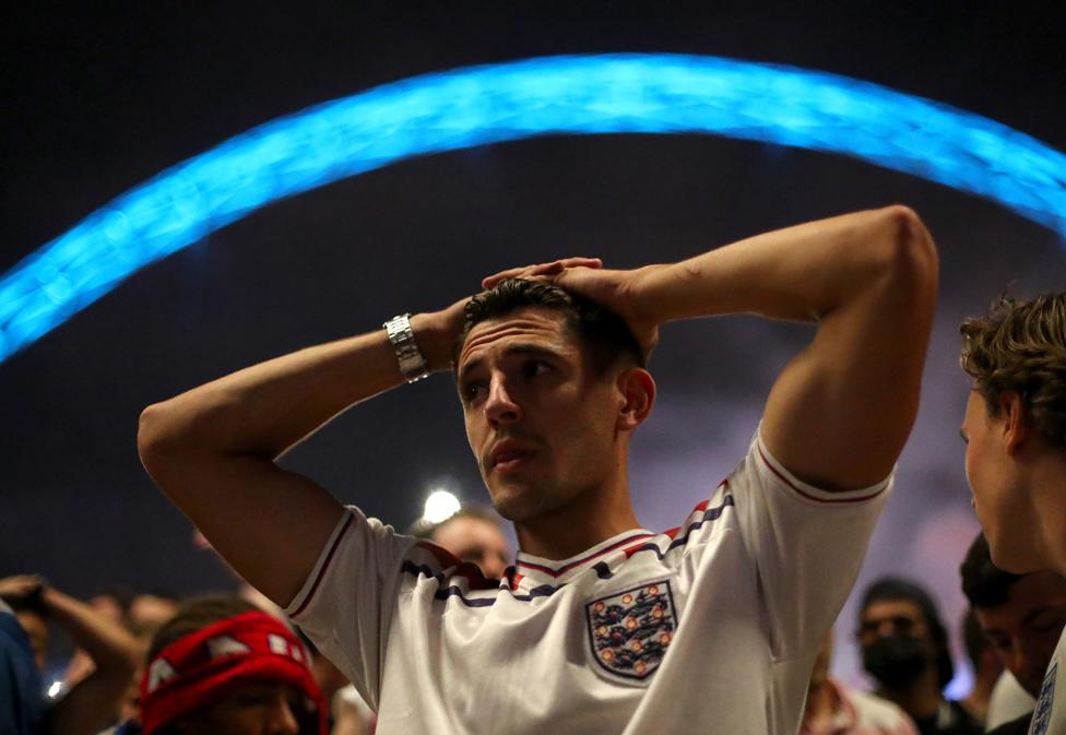 n England fan reacts after the UEFA Euro 2020 Championship Final between Italy and England at Wembley Stadium on July 11, 2021 in London, England.