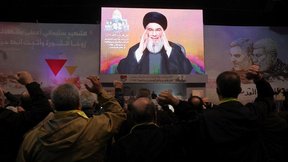 Hezbollah leader Hassan Nasrallah addresses supporters via video link in Beirut's southern suburbs, Lebanon (3 January 2024)