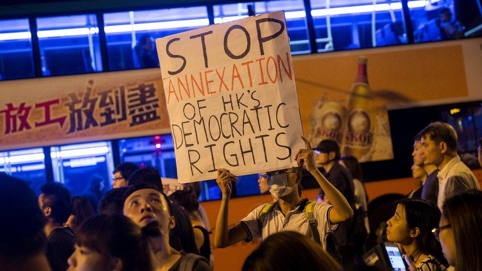 Protester hold sign reading: Stop annexation of Hong Kong's democratic rights