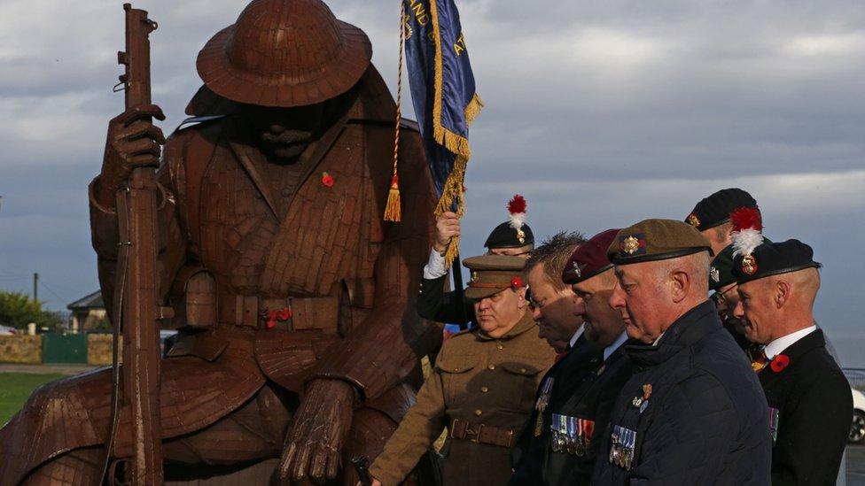 Service at the Eleven 'O' One sculpture at Seaham, County Durham on 11 November 2015