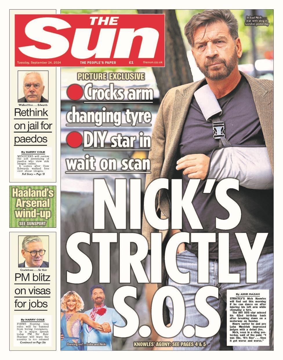 The front page of the Sun. The headline reads: 'Nick's strictly S.O.S'.