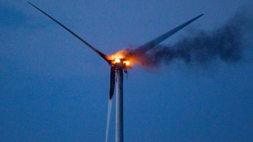 Wind turbine on fire at Thorney, near Peterborough