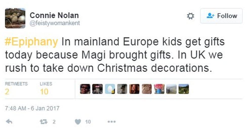 Tweet: In mainland Europe kids get gifts today because Magi brought gifts