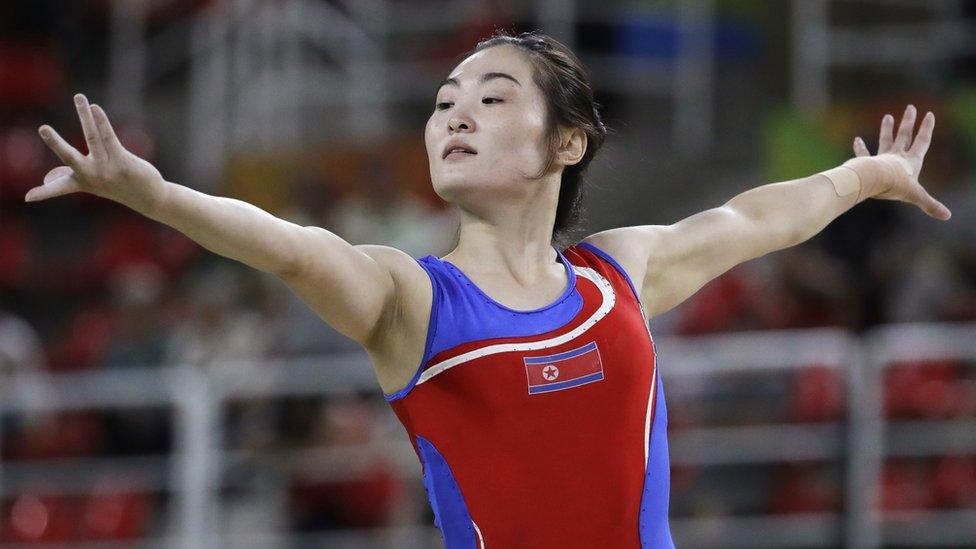 North Korea"s Hong Un Jong performs on the balance beam during the artistic gymnastics women"s qualification at the 2016 Summer Olympics in Rio de Janeiro, Brazil, Sunday, Aug. 7, 2016.