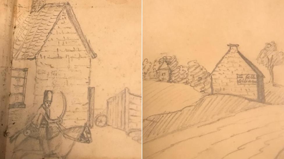 Sketches of a Hussar and La Belle Alliance public house