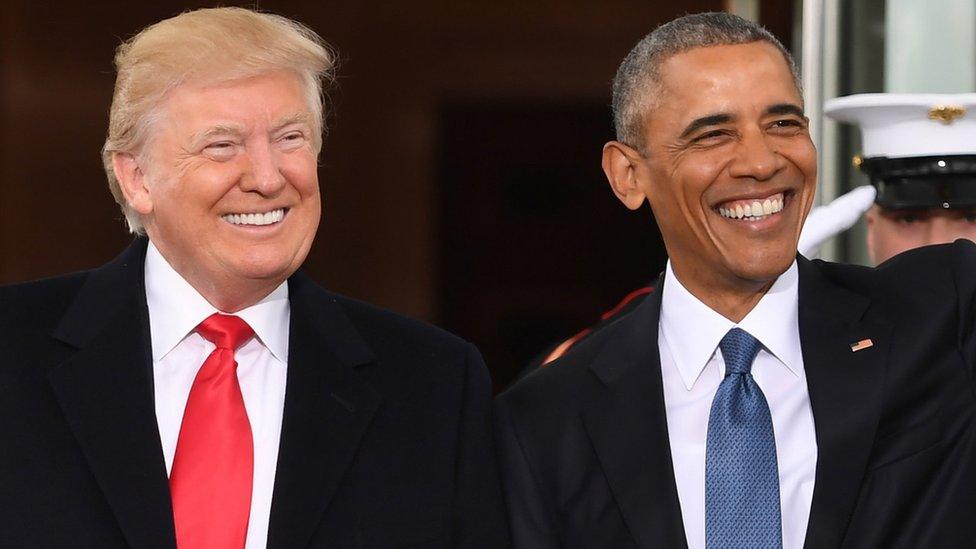 US President Barack Obama(R) and First Lady Michelle Obama(L) welcome Preisdent-elect Donald Trump(2nd-R) and his wife Melania to the White House in Washington, DC January 20, 2017