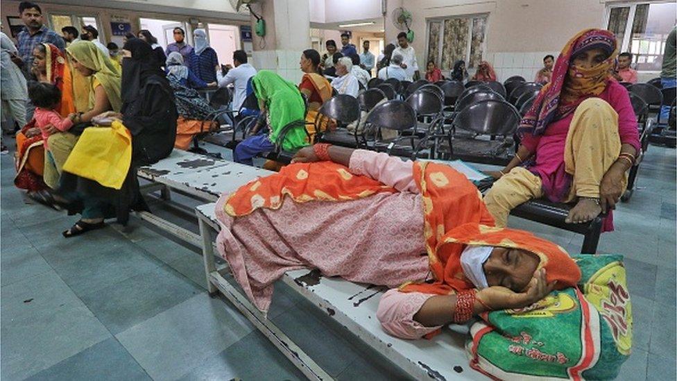 Patients wait to receive treatments at the OPD of SMS Hospital during a strike by the doctors over the Rajasthan Right to Health Bill, in Jaipur, Rajasthan,India, Wednesday, March 29, 2023.