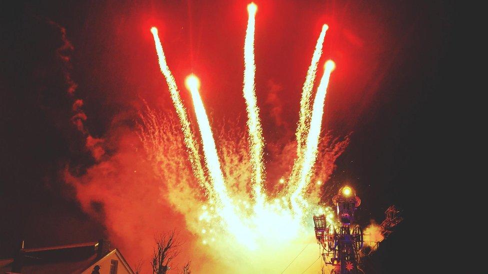 Man Engine with red and yellow fireworks