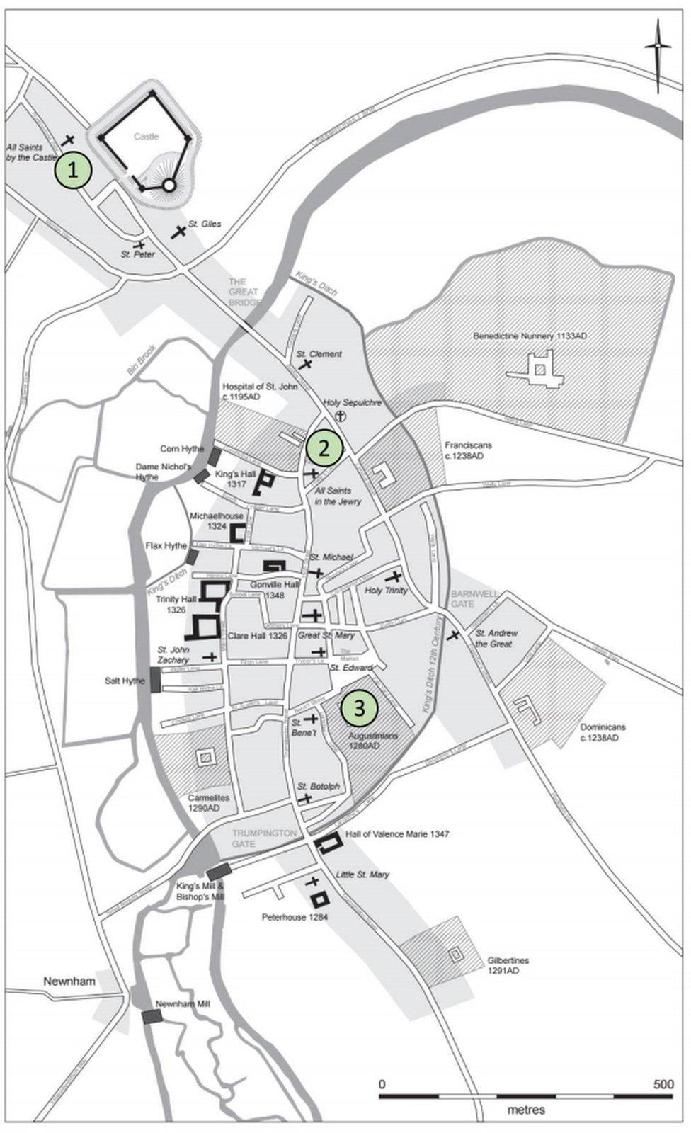 Map showing graveyard locations in Cambridge