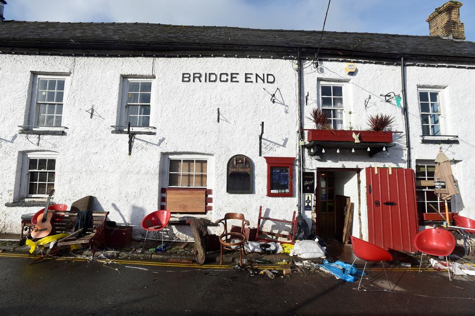 Flood damage caused by Storm Dennis to the Bridge End Inn on Bridge Street, Crickhowell